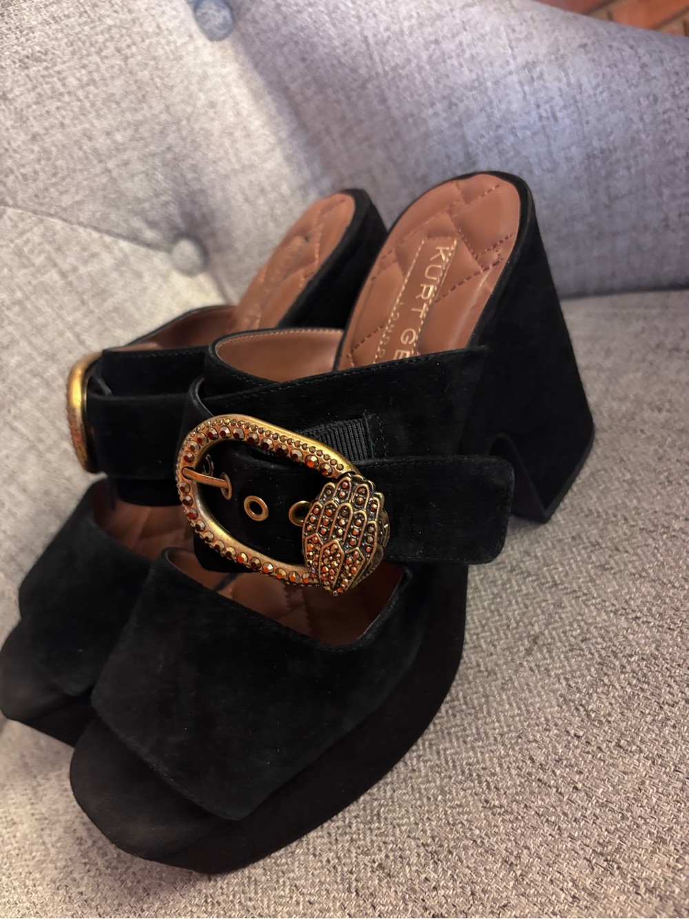 Kurt Geiger Black Suede Platform Mules with Decorative Gold Buckle